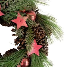 Real Touch™️ artificial pine and pinecone Christmas wreath. Accented with red ornaments and stars. Can be hung or used as a tabletop centerpiece Red Ball Ornaments, Pinecone Christmas, Artificial Eucalyptus Garland, Artificial Christmas Wreaths, Material Wreaths, Christmas Decorations Wreaths, Artificial Wreath, Red Ornaments, Star Christmas