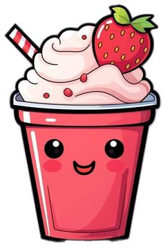 a pink cup with whipped cream and a strawberry on top, sitting in front of a white background