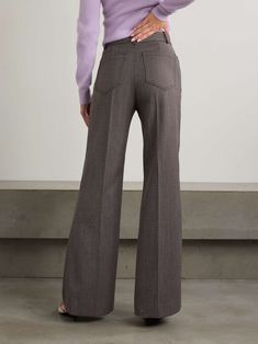 VICTORIA BECKHAM Alina wool-jacquard flared pants | NET-A-PORTER Chic Full-length Pants With Patch Pockets, Retro Wide Leg Pants For Work In Fall, Elegant Fall Bottoms With Patch Pockets, Retro Fitted Wool Bottoms, Retro Workwear Bottoms With Patch Pockets, Brown Flare Work Pants, Retro Wool Bottoms For Fall, Retro Wide-leg Pants For Workwear, Chic Wool Wide Leg Pants With Pockets