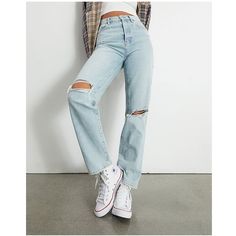 Featuring A Classic High-Rise Fit, These Baggy Jeans Sit High On The Waist And Get Updated With Destruction Details At The Knee And A Light Blue Wash That Goes With Every Look. They Are Slightly Oversized And Fit Slouchy And Roomy Through The Hip And Thigh With A Straight Leg Fit. High-Rise Sits High On The Waist Roomy Through The Hip And Thigh Straight Leg Fit 12" Rise 31" Inseam Light Blue Wash Destruction Details Rigid Fabric 5-Pocket Body Button Fly Closure 100% Sustainably Sourced Cotton Ma Jeans Trendy, Jeans With Holes, Light Colored Jeans, Jeans For Fall, Baggie Jeans, Trendy Baggy Light Blue Jeans, Baggy Light Blue Jeans, 90s Ripped Light Wash Jeans, Baggy Mid-rise Light Wash Jeans