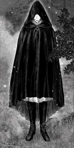 a black and white drawing of a person wearing a cloak