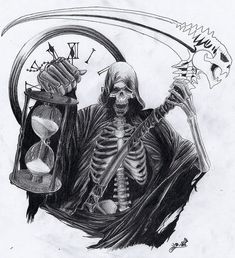 a pencil drawing of a skeleton holding a hourglass and a skull in its hand