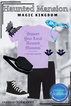 a purple shirt, black pants and white shoes with the words'support your local hamen mansion'on it