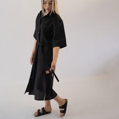 Oversized shirt dress is crafted from naturally linen and designed with a high shirt collar, a button closure placket and a patch pocket at the chest. This modern short-sleeved shirt dress is an ideal piece for warmer weather, it's offered in a 20 colors and won't take too long to become a staple piece of your wardrobe, perfect for various stylings and occasions, you will feel light and relaxed anywhere you go! This garment is made of finest quality stone washed linen, 100% linen with OEKO-TEX c Linen Dress Casual, Midi Dress Short Sleeve, Shirt Dress Black, Black Linen Dress, Oversized Shirt Dress, Linen Shirt Dress, Linen Midi Dress, Dress Linen, Dress Short Sleeve