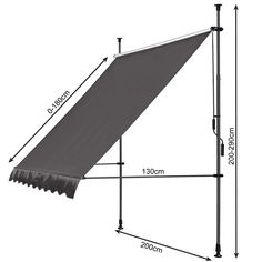 a purple awning with measurements for the width