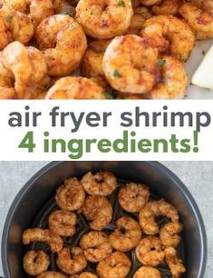 air fryer shrimp recipe with text overlay that says air fryer shrimp 4 ingredients