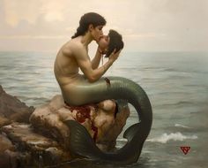 a painting of a man kissing a mermaid on the beach