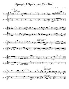 sheet music with the words spongebob squarepants flute diet written in black ink