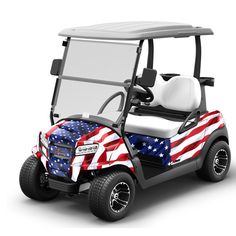 a golf cart with an american flag painted on the front and back seat, is shown