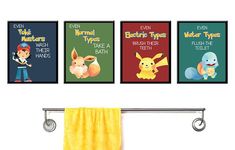 three children's bathroom wall art prints featuring pokemon, pikachu and eebi