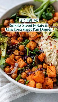 a white bowl filled with chickpea, sweet potato and broccoli salad