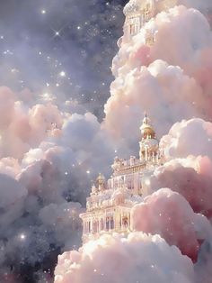 an image of a castle in the sky with clouds and stars around it that looks like something out of a fairy tale