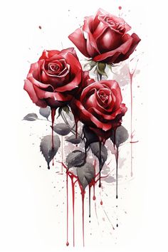 three red roses with dripping paint on them