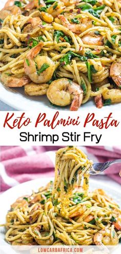 shrimp pasta with spinach and parmesan sauce is served on a white plate