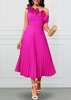 ROTITA Pleated Hot Pink One Shoulder Sleeveless Dress Derby Dresses And Hats Outfit, Hot Pink Dress Outfit, Light Blue Bodycon Dress, Pink One Shoulder Dress, Kentucky Derby Dress, Pink Dress Outfits, Derby Outfits, Fuschia Dress, Blue Bodycon Dress