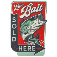 a metal sign with a fish on it that says live bait, so we're here