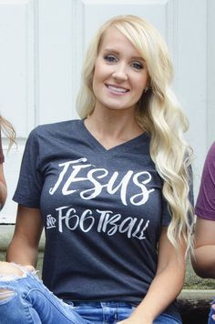 Jesus and Football t-shirt.....what more does one need? This comfy cotton V-neck is perfect for the season! Pinterest Women, Coaches Wife, Football Graphic Tee, Football Tee, Football Tees, American Woman, Football Outfits, Womens Football, Bella Canvas Tees