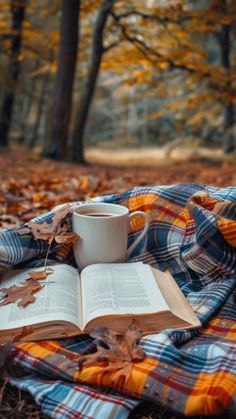 an open book and cup on a blanket in the woods