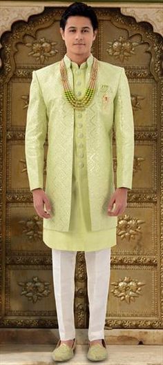 Green color IndoWestern Dress in Silk fabric with Embroidered, Sequence, Thread work Green Dresses With Zari Work For Ceremonies, Ceremonial Green Dress With Intricate Embroidery, Green Chikankari Embroidery Dress For Formal Occasions, Green Embroidered Dress For Ceremony, Green Dresses With Intricate Embroidery For Ceremony, Green Festive Dresses For Ceremonies, Green Festive Dress For Ceremony, Festive Green Dress For Ceremonies, Party Wear Indowestern Dresses