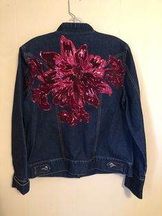 "High Sierra Custom Denim Jacket Red Sequin Design Womens Medium. Bust: 42\" sleeve:24\" length: 24\" 072" Painting Denim, Denim Painting, Denim Jacket Embroidery, Denim Upcycle, Jacket Art, Jacket Embroidery, Custom Denim Jacket, Jacket Ideas, Painted Denim Jacket