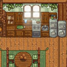 an image of a kitchen and dining room in pixel art style with wood paneling