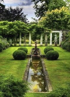 a garden with lots of green grass and water in front of some trees, shrubs and bushes