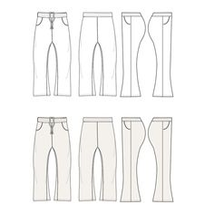 the front, back and side views of women's pants with zippers on each side