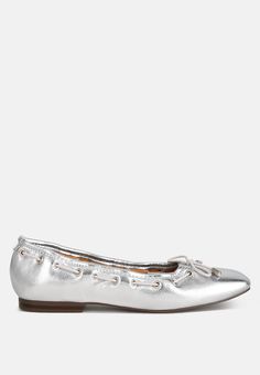 marlow metallic eyelet detail bow ballerinas#color_silver Spring Silver Formal Ballet Flats, Spring Formal Silver Ballet Flats, Chic Silver Ballet Flats For Party, Metallic Flats For Spring Party, Casual Leather Ballet Flats For Party, Silver Pointed Toe Ballet Flats For Spring, Pretty Ballerinas, Loafer Mules, Card Bag