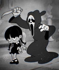 an animated image of two children dressed in black and white, one holding a knife to the other's mouth