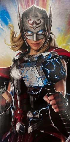 a woman dressed as thor with lightning in her hands