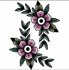 two pink flowers with green leaves on the side and one black flower in the middle