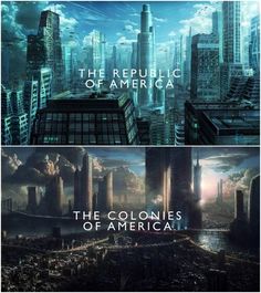 two different views of the city skylines in an animated video game, with text that reads