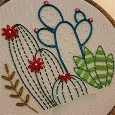 a close up of a embroidery on a piece of cloth with flowers and cacti