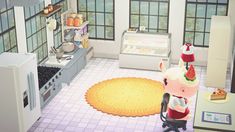 an animated kitchen with a pig on the floor