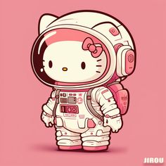 hello kitty in an astronaut's suit with a pink bow on her head and ears