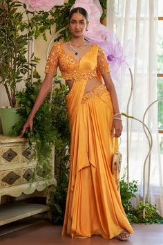 Buy Orange Saree Silk Satin Embroidered Sequin Leaf Azara Pre-draped With Blouse For Women by Moledro Online at Aza Fashions. Saree And Blouse, Orange Saree, Net Blouses, Designer Kurti Patterns, Saree Gown, Sari Blouse Designs, Bollywood Outfits, Saree Silk, Drape Saree