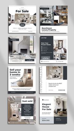 a set of four different webpages with an image of a kitchen and living room