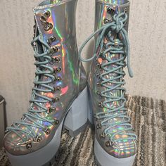 Light Blue Platforms Blue Platform Boots For Party, Light Blue Platform Boots, Blue Platforms, Blue Demonia Boots, Blue Galaxy Boots, Blue Ankle-high Platform Boots, Sparkle Pony, Dream Shoe