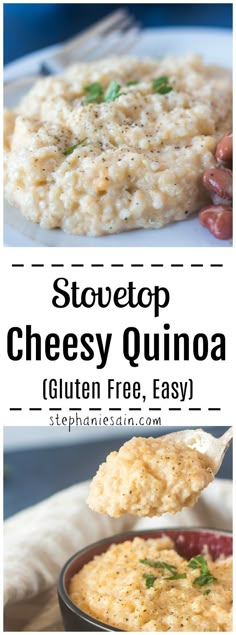 an image of some food that is on a plate with the words stop cheesy quinoa written below it