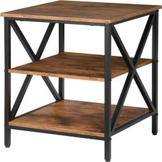 an end table with two shelves on each side and one shelf below the top that is made out of wood