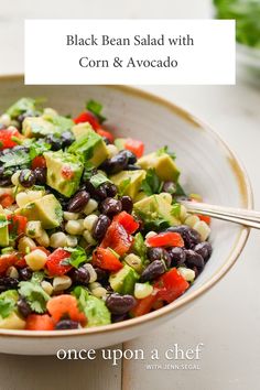 black bean salad with corn and avocado in a bowl