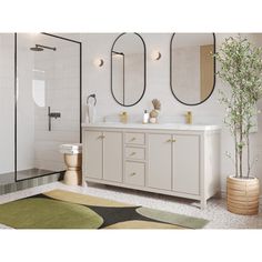 a bathroom with two sinks, mirrors and a rug on the floor in front of it