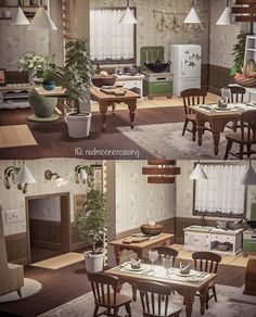 two pictures of a kitchen and dining room