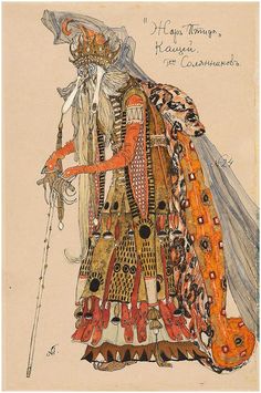 a drawing of a woman in an elaborate dress and headdress holding a staff