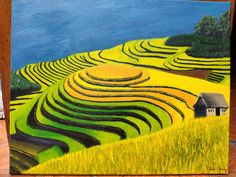 a painting of yellow fields with a house in the middle