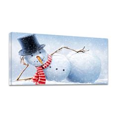 two snowmen wearing hats and scarves in the snow