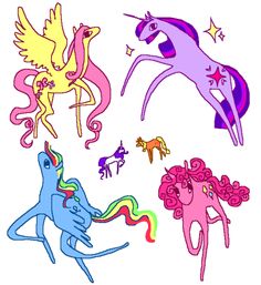 an image of four different colored unicorns