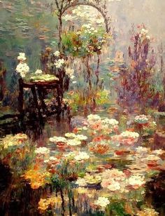 a painting of water lilies and a chair in the middle of a pond with lily pads