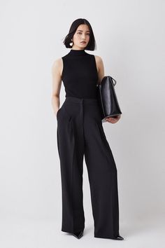 Essential Tailored Wide Leg Pants Wide Leg Formal Pants Outfit, Timeless Wide-leg Pants For Tailoring, Black Tailored Pants Outfits, Chic Tailored Wide-leg Work Pants, Styling Wide Leg Trousers, Tailored Sleek Wide Leg Trousers, Black Tailored Trousers Suit, Navy Trousers Outfit Women, Creative Professional Outfit