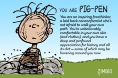 a cartoon character sitting on top of a pile of rocks with the caption you are pig - pen